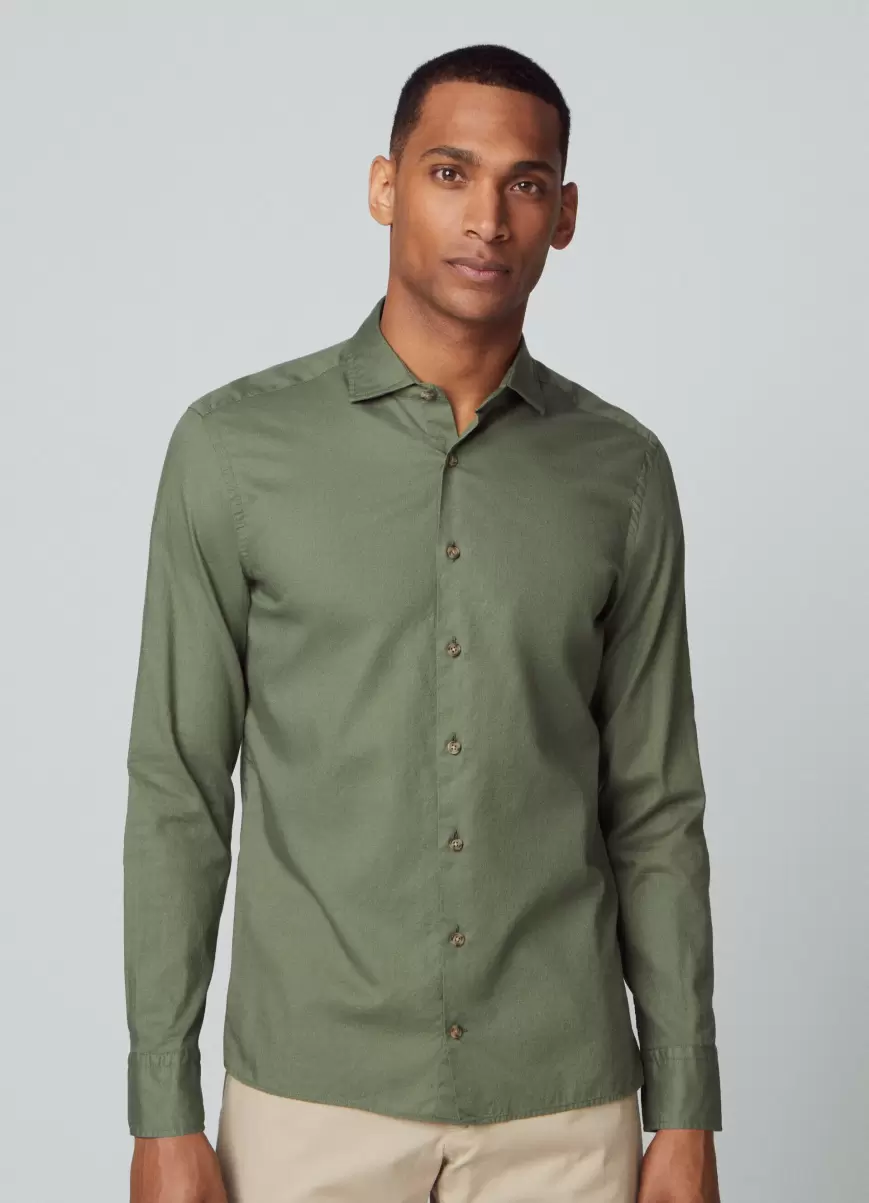 Hackett London Green Innovación Camisas Hombre Fit Slim Camisa Sarga Algodón