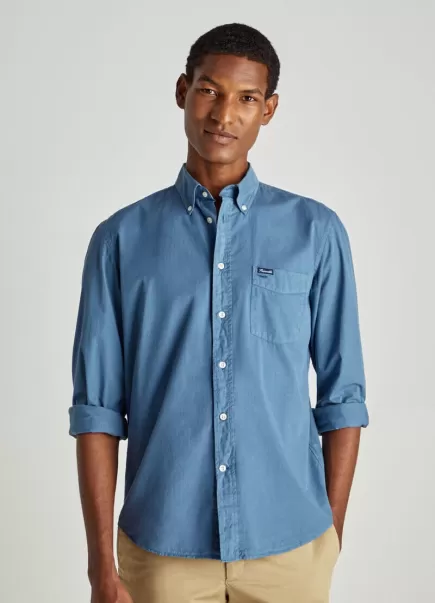 Hombre Faconnable Camisa Sarga Teñido Prenda Weller Blue Camisas